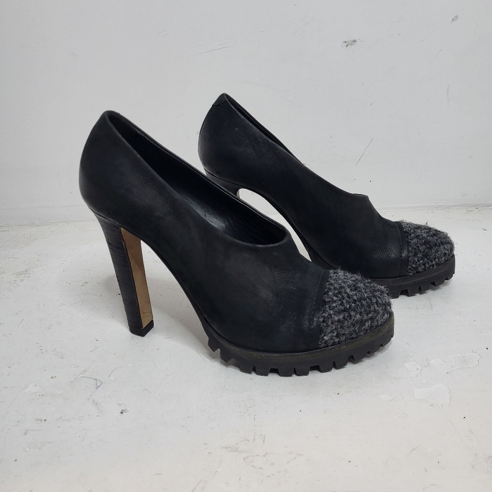 Vic Matie Leather Chunky Slip On Round Toe Pump Heel Shoe Black Size 37